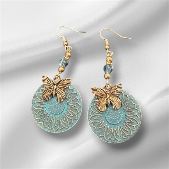 Gold Turquoise Butterfly Dangle Earrings - Picture 2 of 4